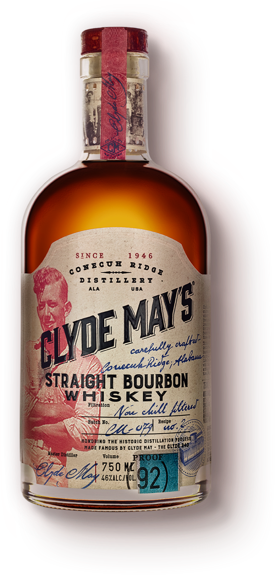 Clyde May's straight bourbon whiskey amber colored bottle.